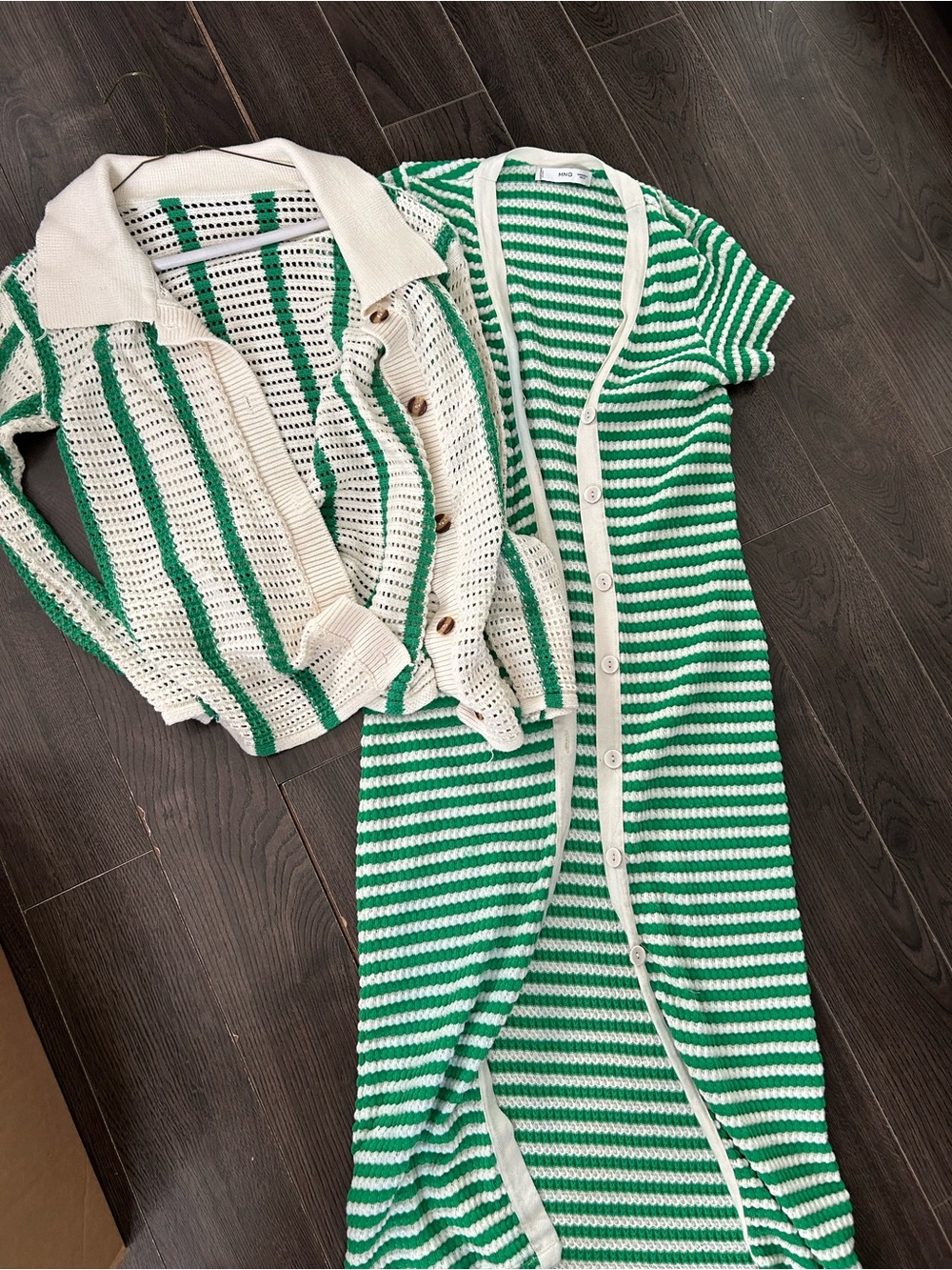 Mango Green & White Striped V‑Neck Button Midi Dress